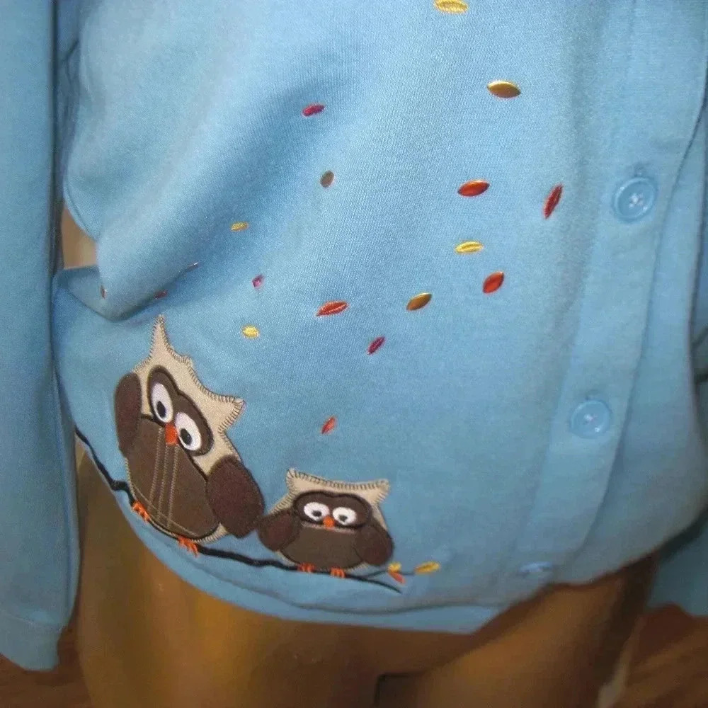 NWT Rebecca Malone Blue Owl Print Button Top  M - Picture 3 of 6